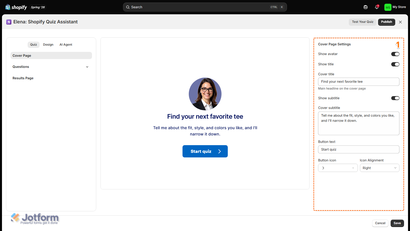 Jotform Product Quiz Builder under the Quiz tab, showing the Cover Page Settings panel with options for the AI Agent avatar, cover title, subtitle, button text, button icon, and icon alignment