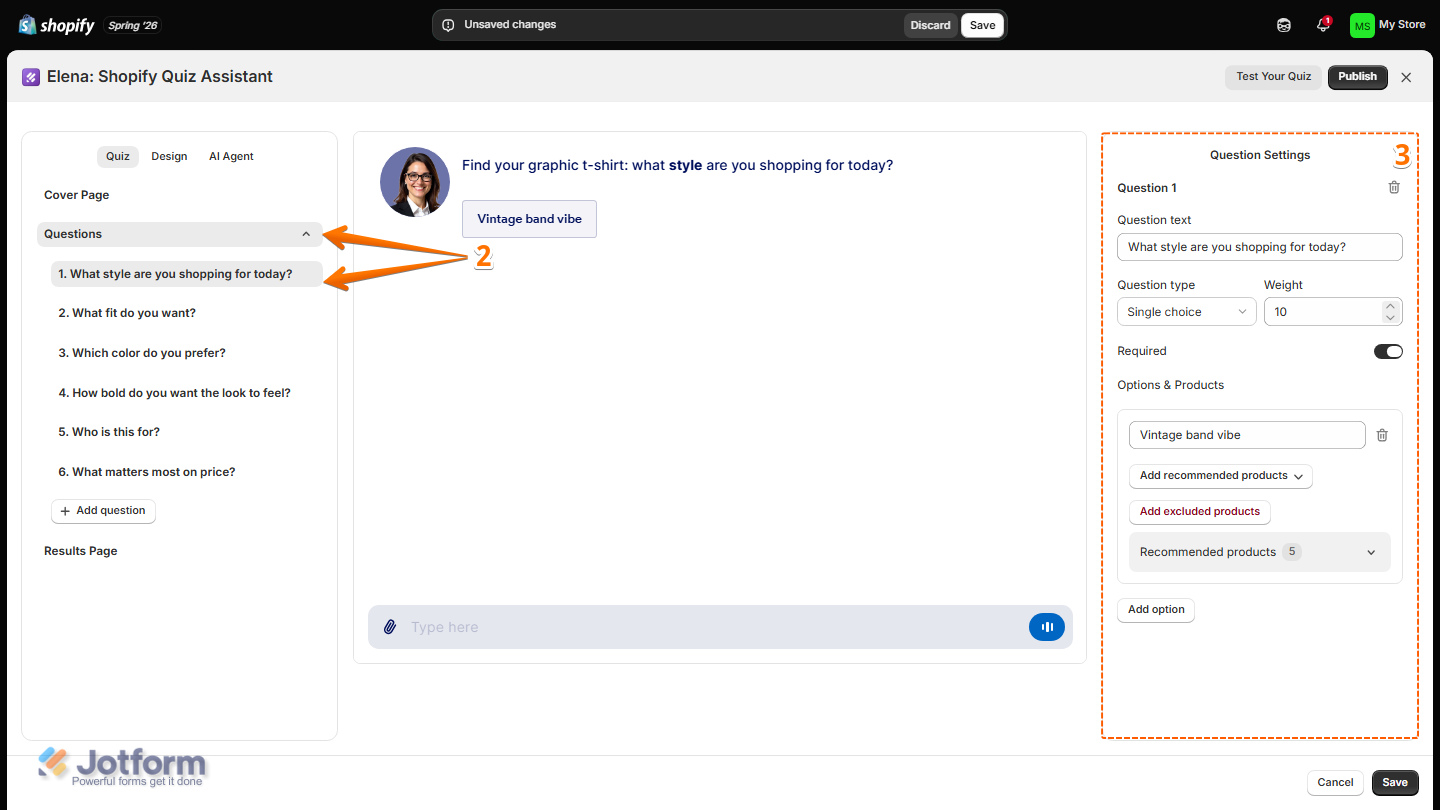 Jotform Product Quiz Builder with the Questions section open, displaying settings for Question Text, Question Type, Weight, Required, and Options & Products, including controls for recommended and excluded products and adding new answer options