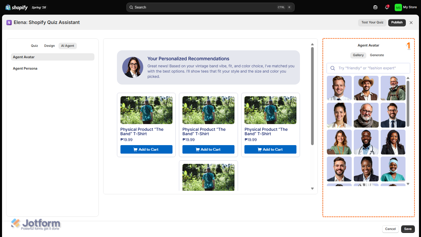 Jotform Product Quiz Builder under the AI Agent tab, showing the Agent Avatar section with Gallery options for selecting a preset avatar and Generate for creating a custom AI Agent avatar from a description