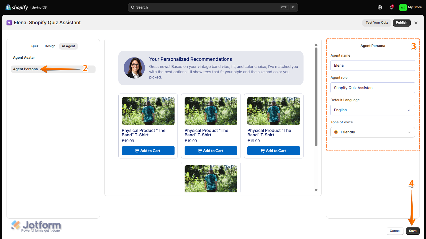Jotform Product Quiz Builder under the AI Agent tab, showing the Agent Persona section with settings for Agent Name, Agent Role, Default Language, and Tone of Voice, with the Save button visible at the bottom-right