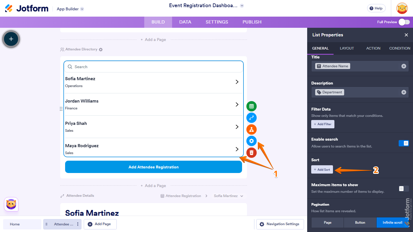 Jotform App Builder showing the List Element selected with the List Properties menu open on the right, where the Add Sort option is available under the General tab