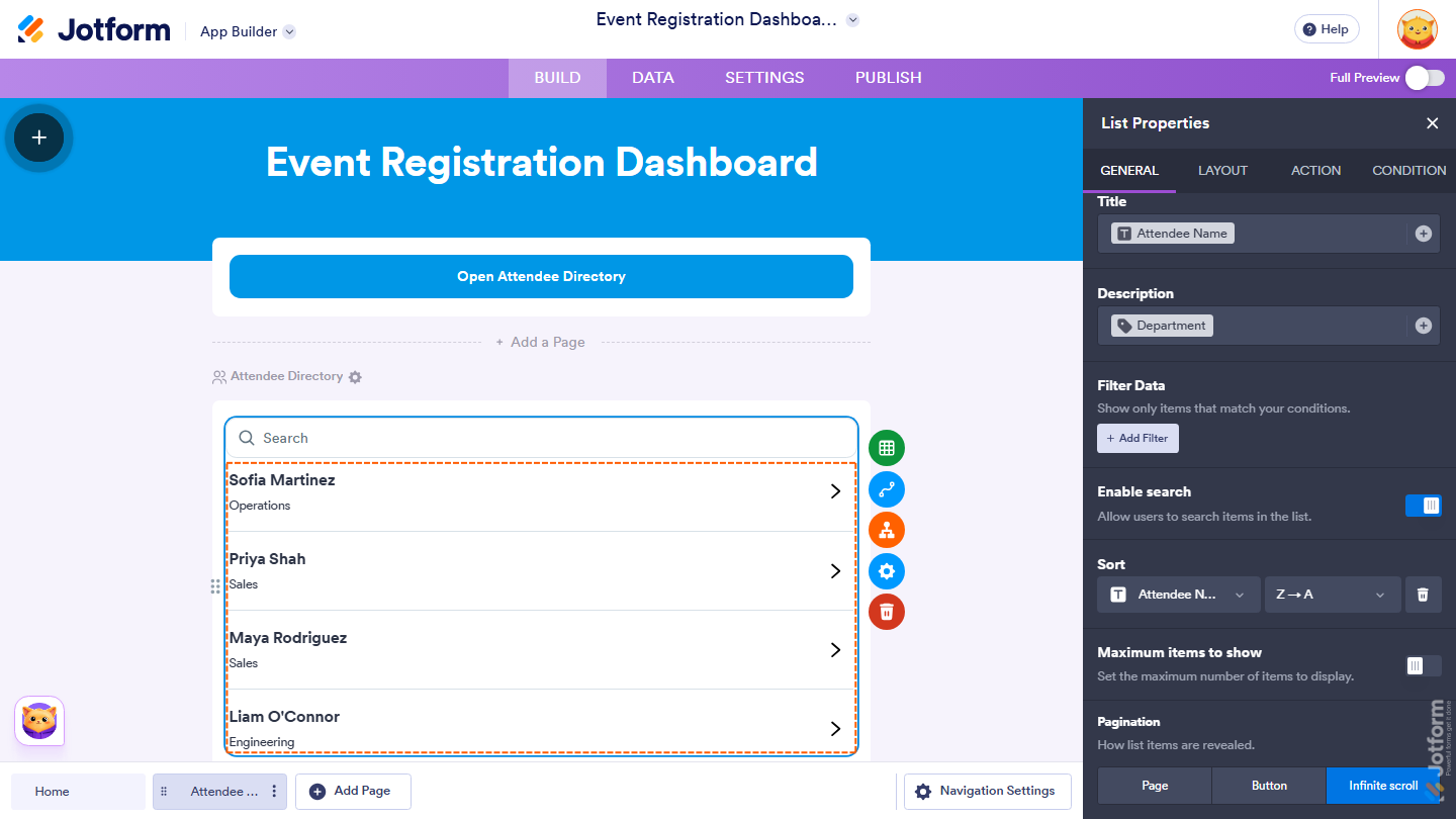Jotform App Builder showing the List Element with its items displayed in the selected sorting order