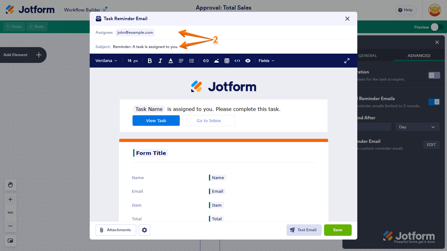 Task Reminder Email template settings