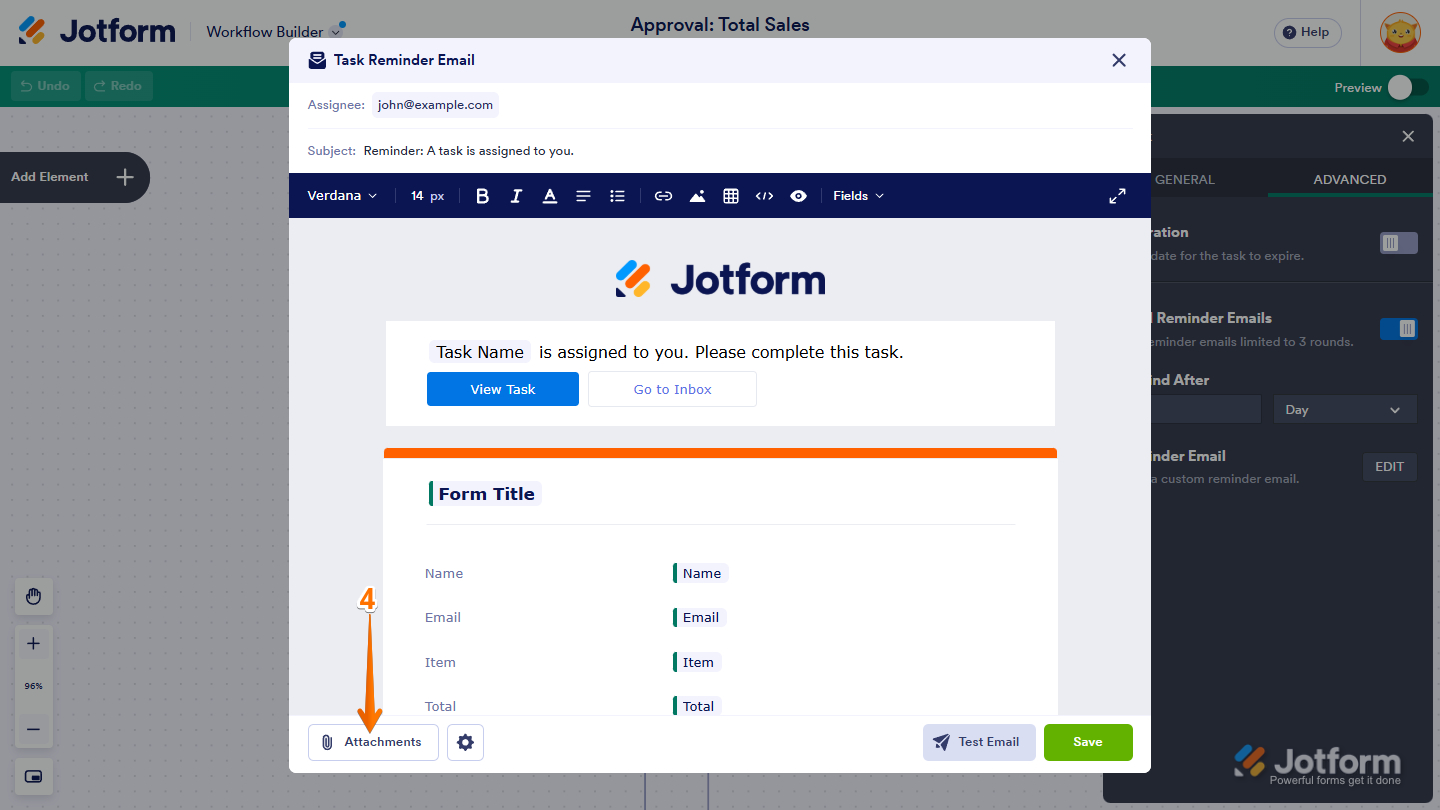 Attachments button in the Task Reminder Email template settings
