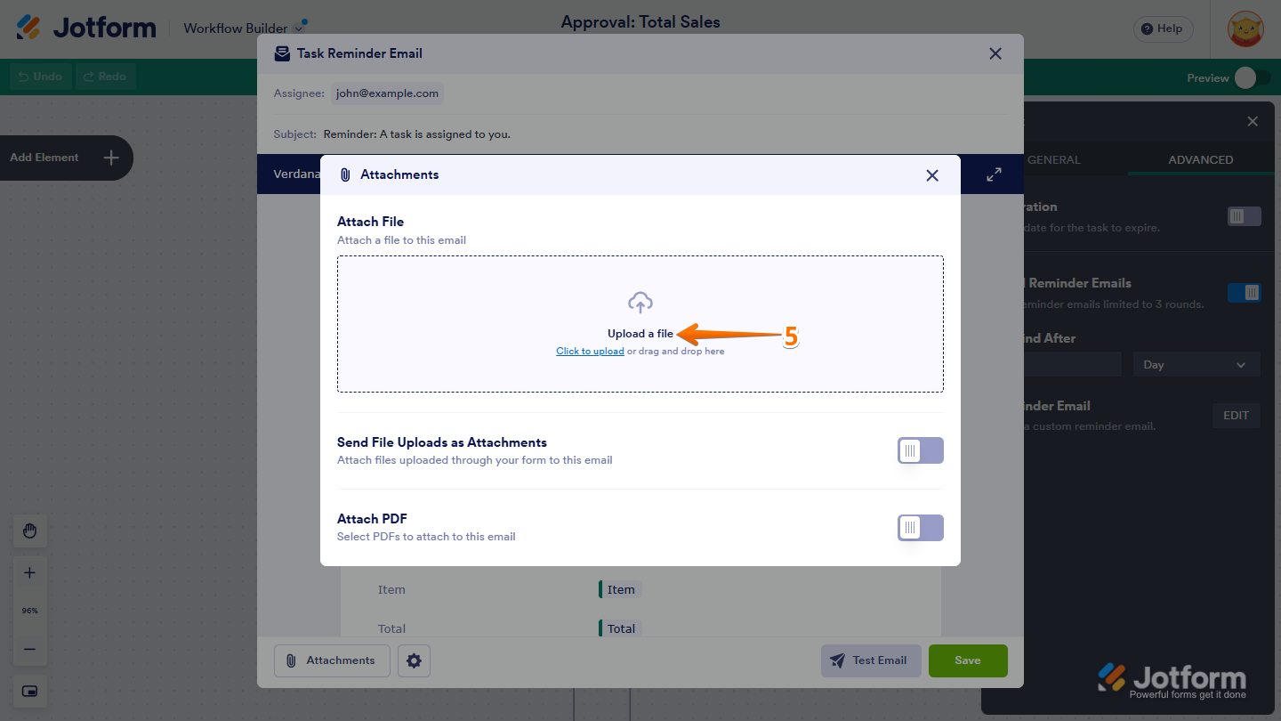 Attach File in the Task Reminder Email template settings