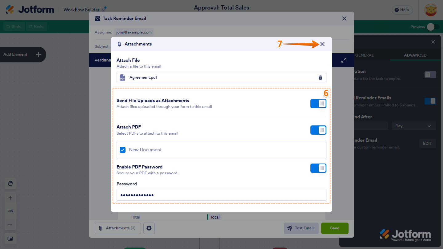 Attach File options in the Task Reminder Email template settings