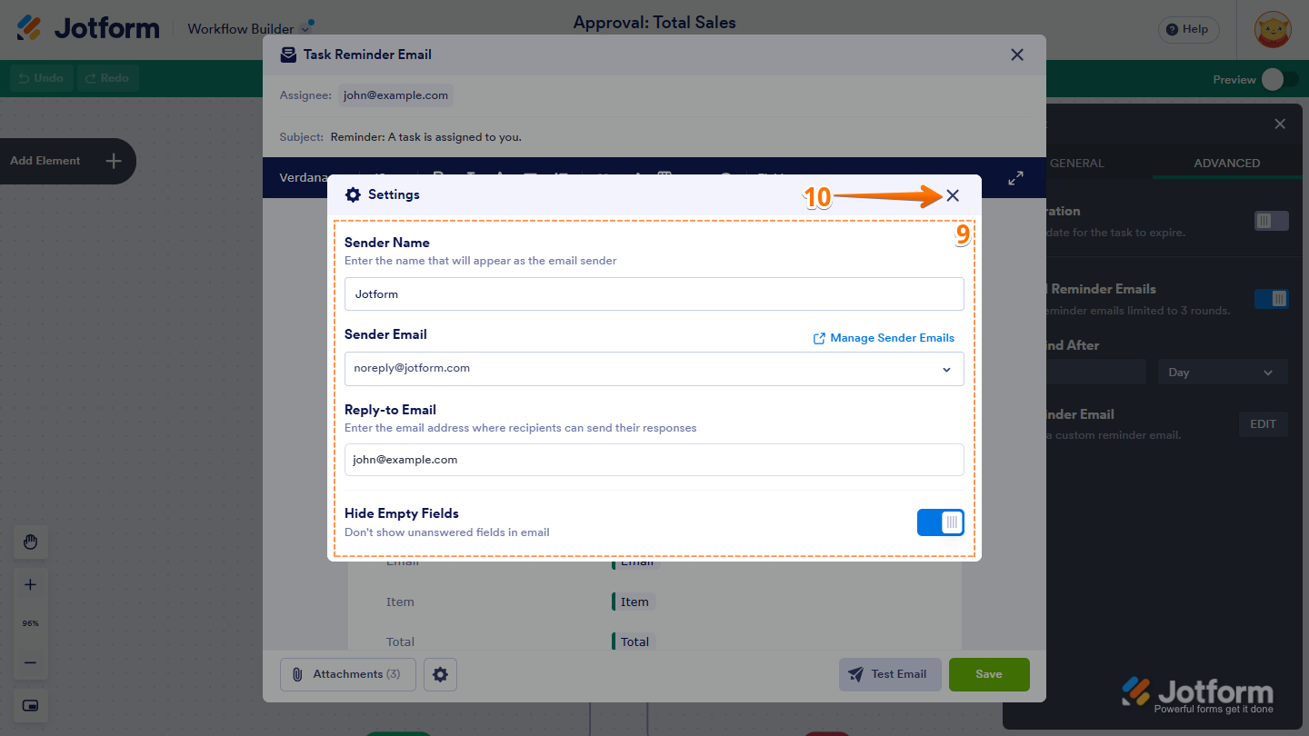 Settings window in the Task Reminder Email template settings