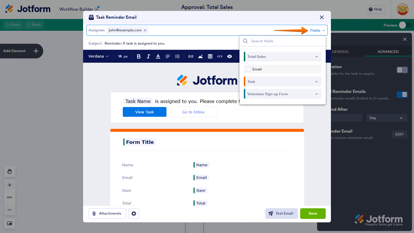 Fields option in the Task Reminder Email template 