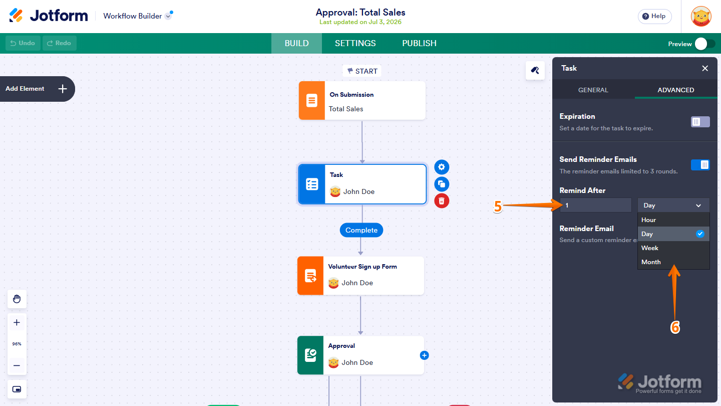 Remind After option in the Advanced tab of the Task element properties