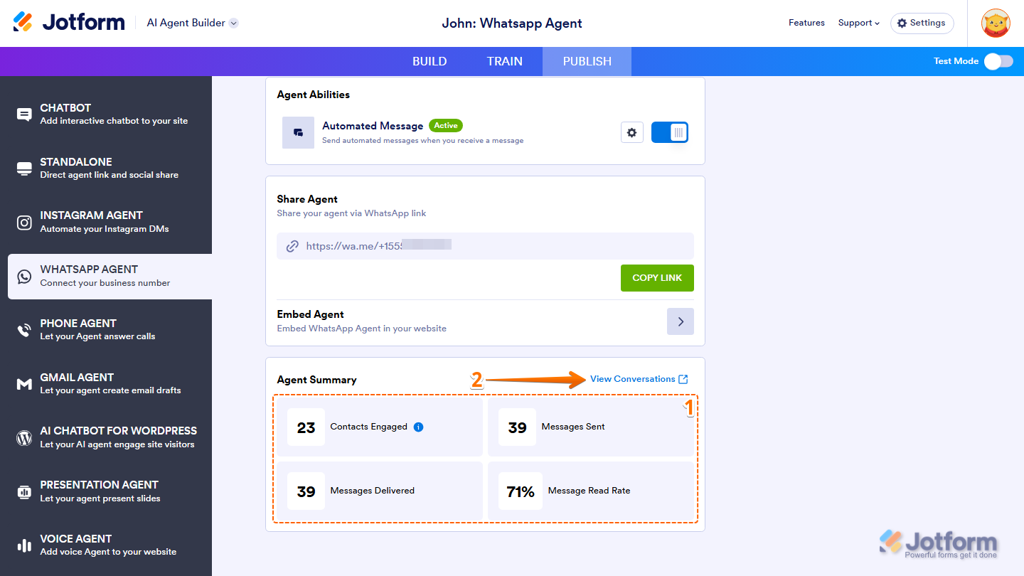 Jotform WhatsApp Agent page showing the Agent Summary section with Contacts Engaged, Messages Sent, Messages Delivered, and Message Read Rate metrics, plus the View Conversations button for reviewing chats
