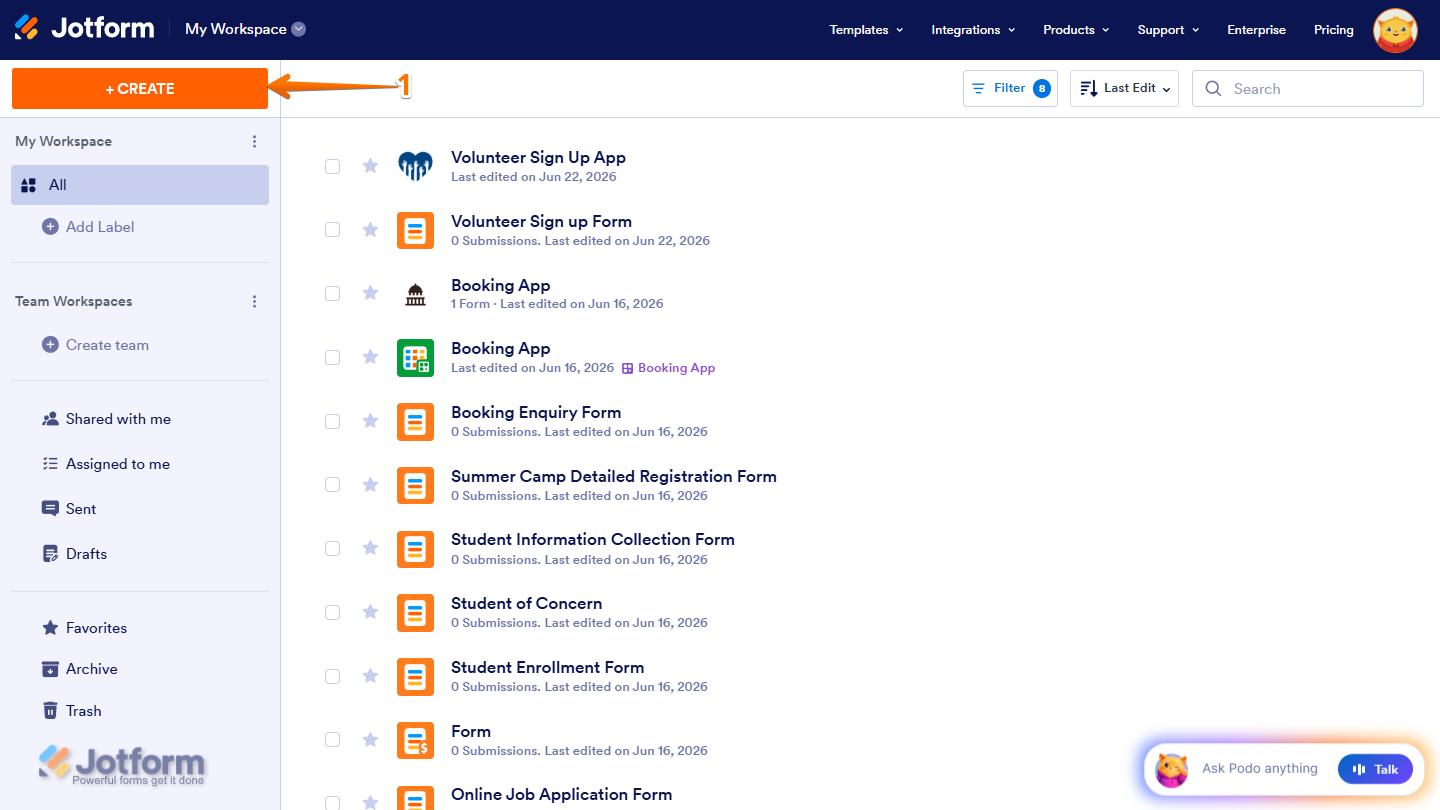 Create button in Jotform My Workspace page