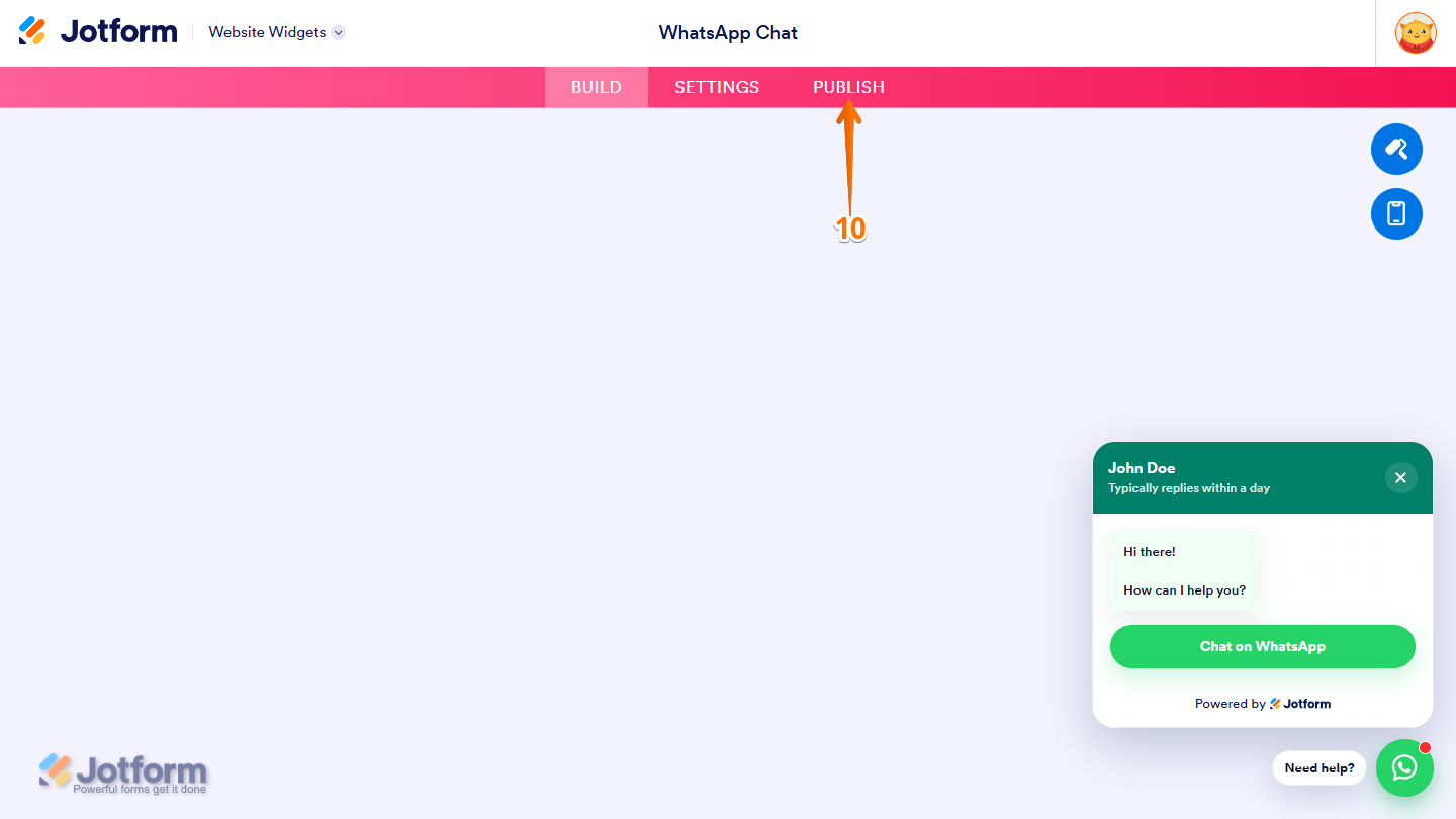Publish tab of the Website Widget builder