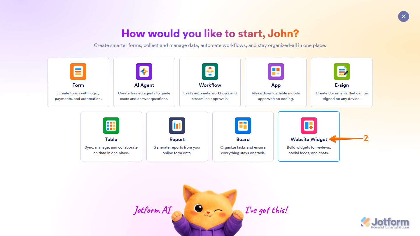 Website Widgets option in Jotform Create Asset flow