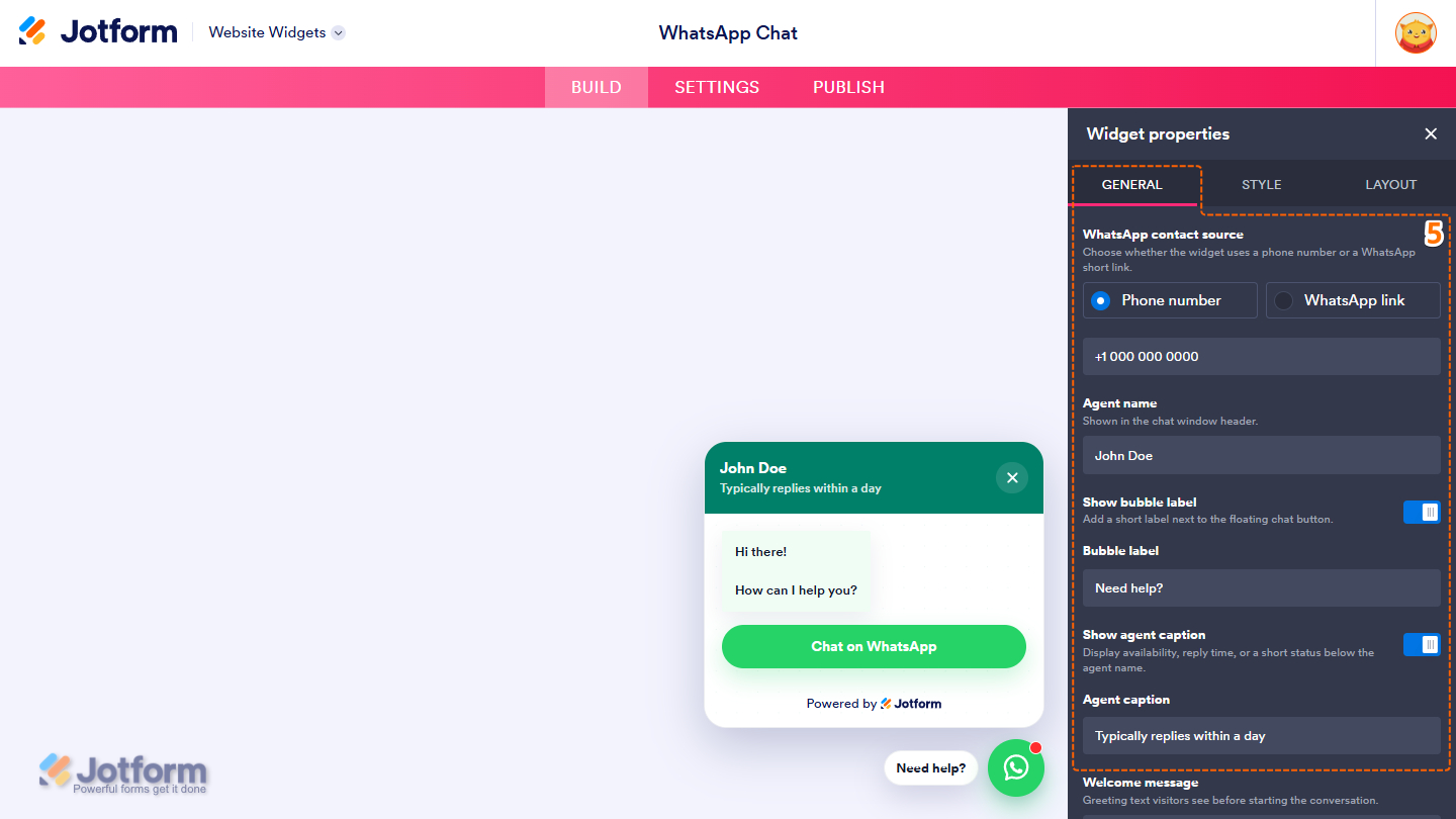 General tab of the Whatsapp Widget Properties