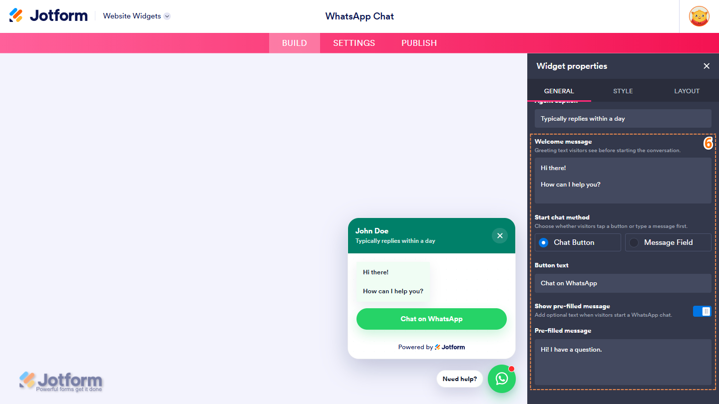 General tab of the Whatsapp Widget Properties