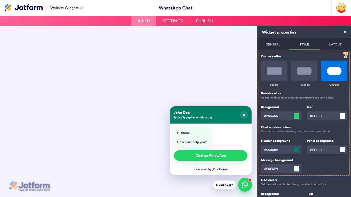 Style tab of the Whatsapp Widget Properties