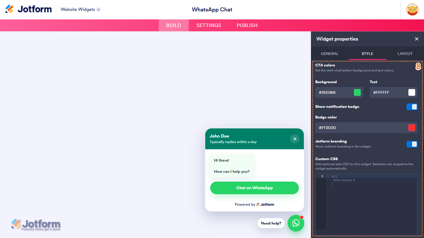 Style tab of the Whatsapp Widget Properties