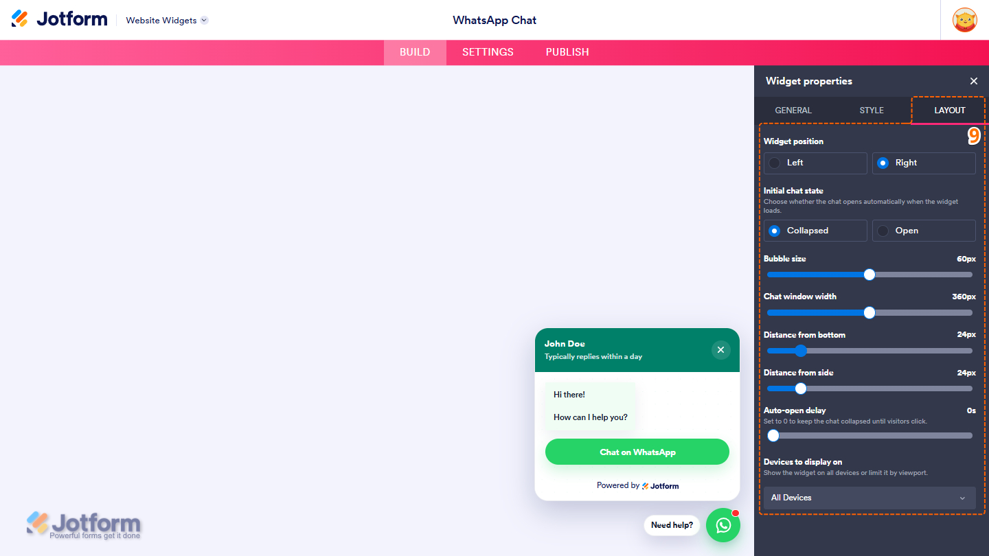 Layout tab of the Whatsapp Widget Properties