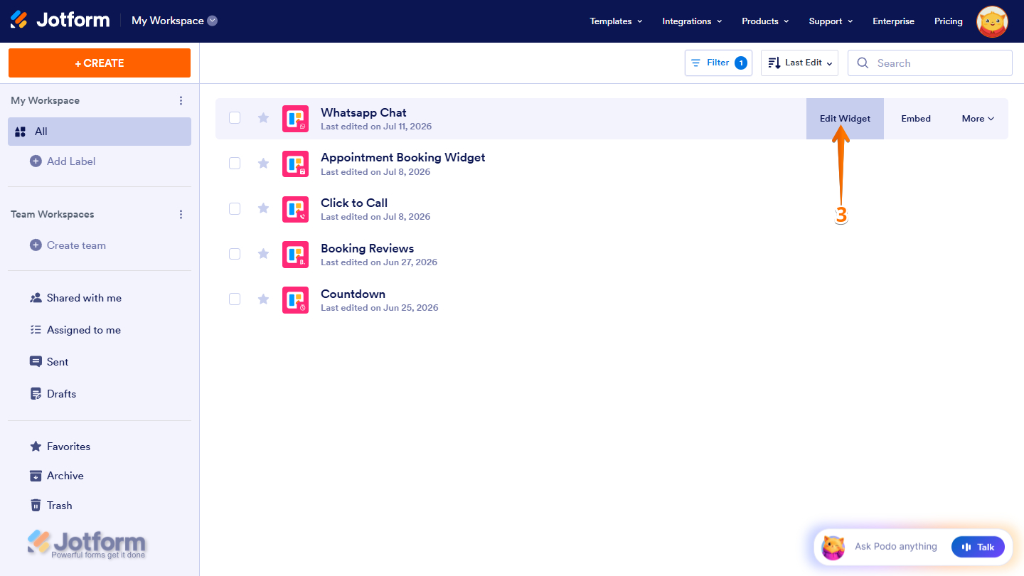 Edit Widget option in My Workspace page