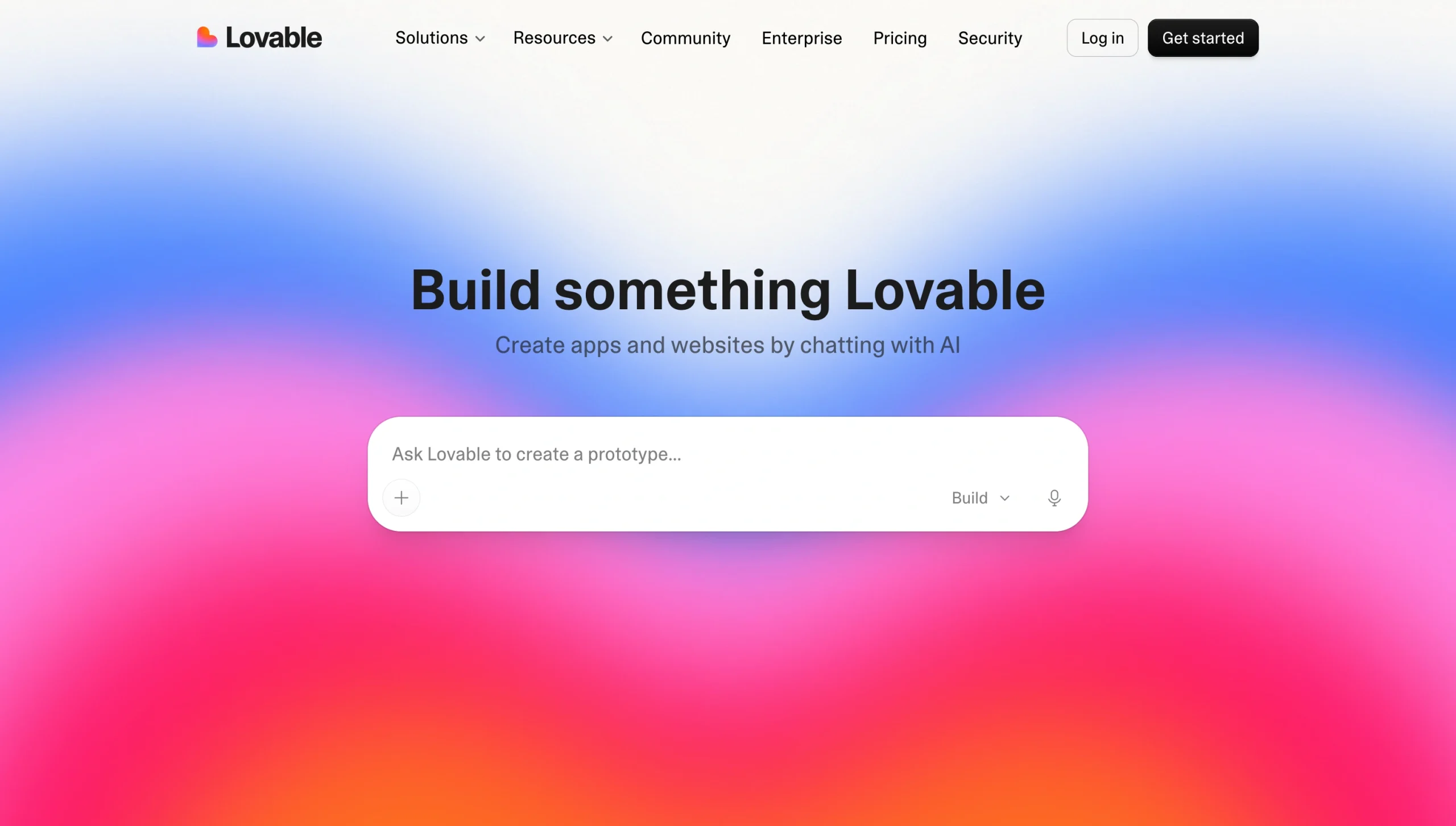 Screenshot of the Lovable landing page, showing a headline "Build something Lovable"