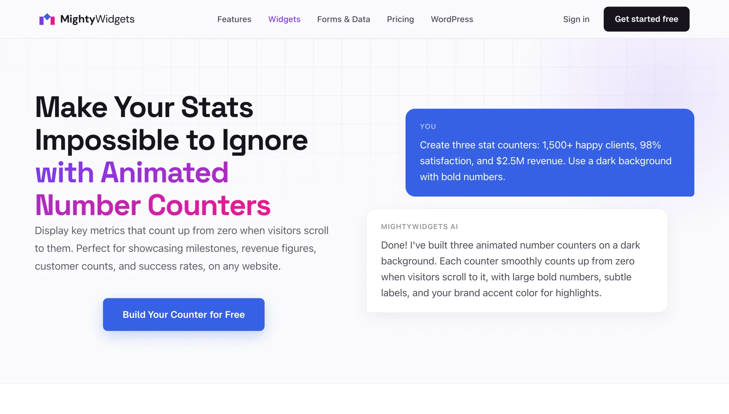 Screenshot of the MightyWidgets Counter widget landing page