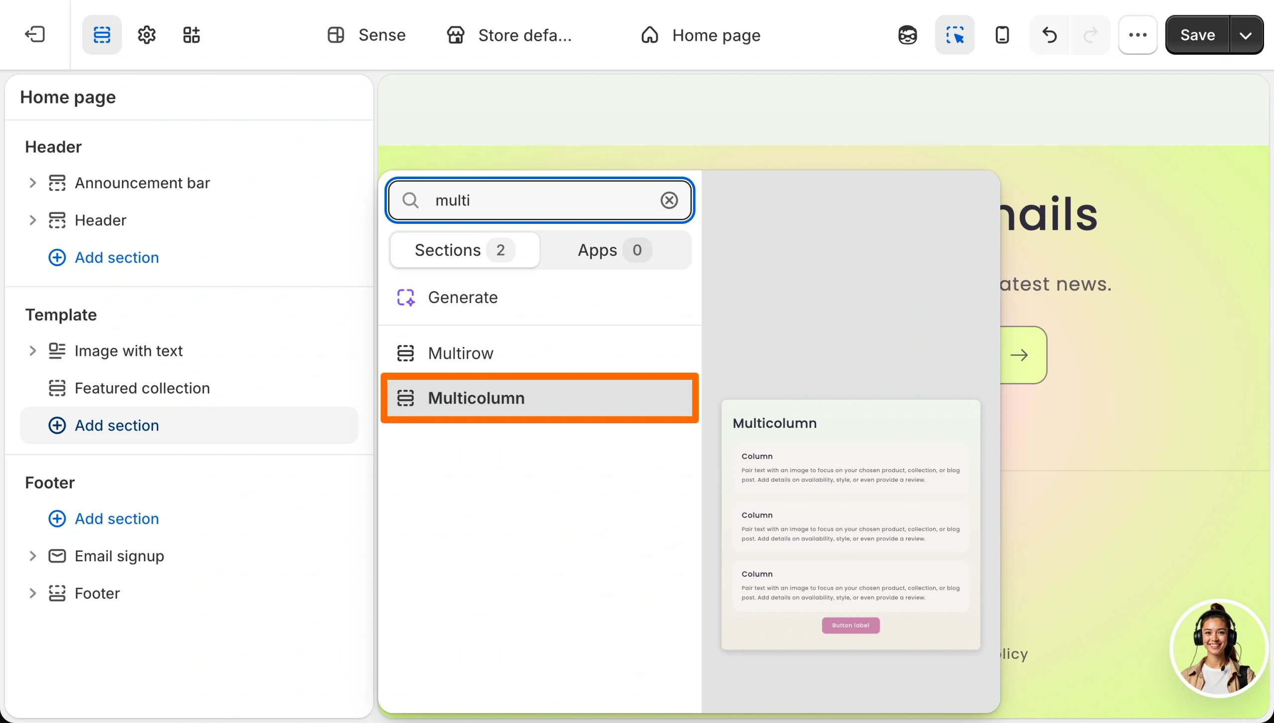 Shopify theme editor showing a Multicolumn section added for Etsy review screenshots