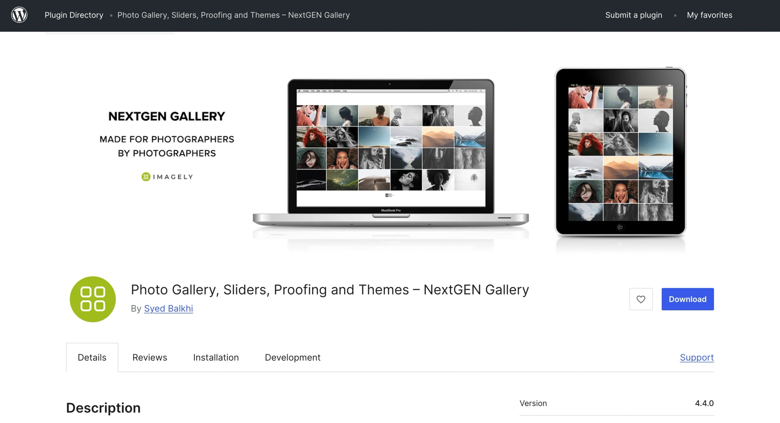 Screenshot of the NextGEN Gallery WordPress plug-in page