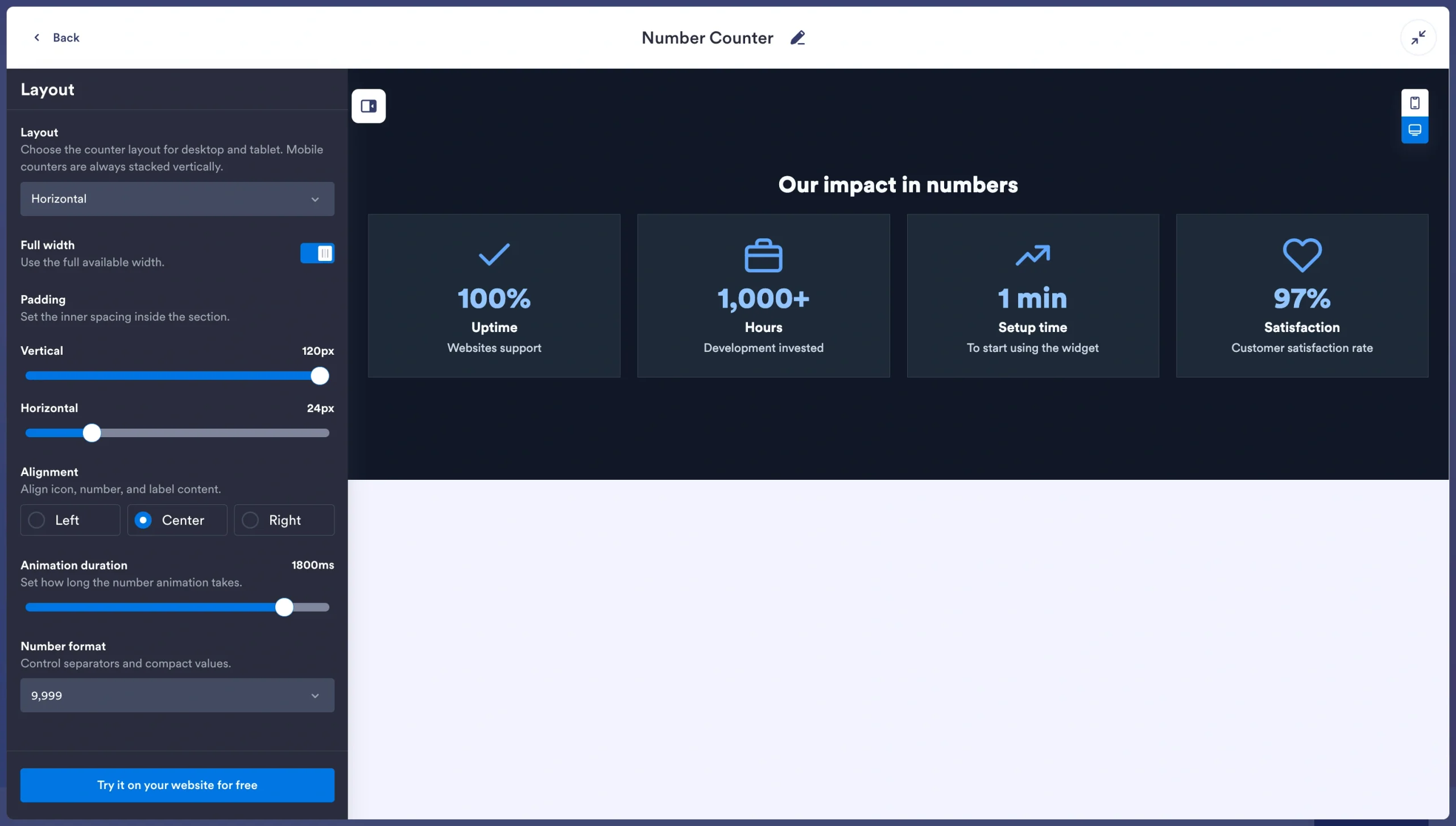Jotform Number Counter Widget editor showing layout and animation settings