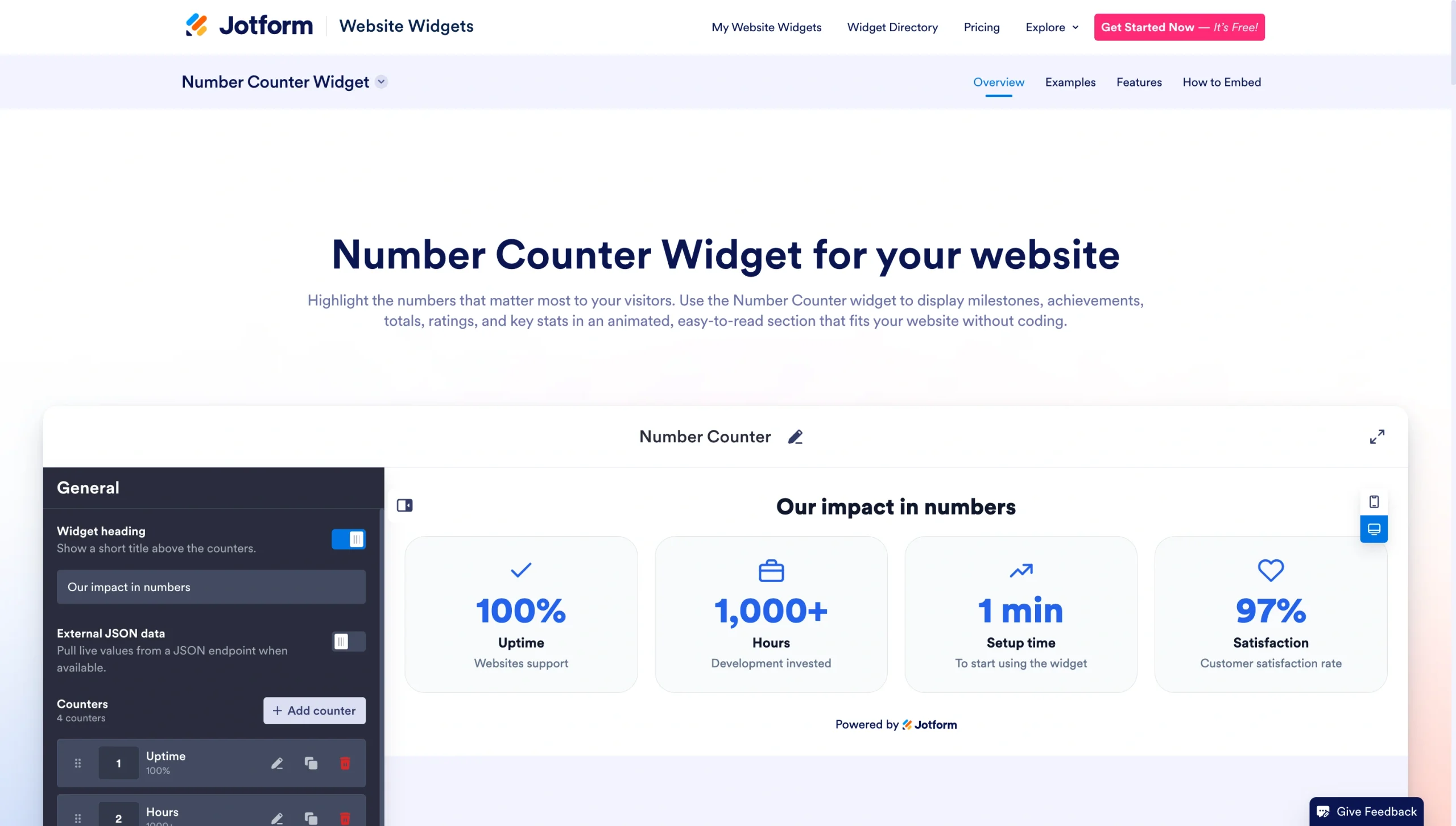 Jotform Number Counter Widget page with customizable counter preview