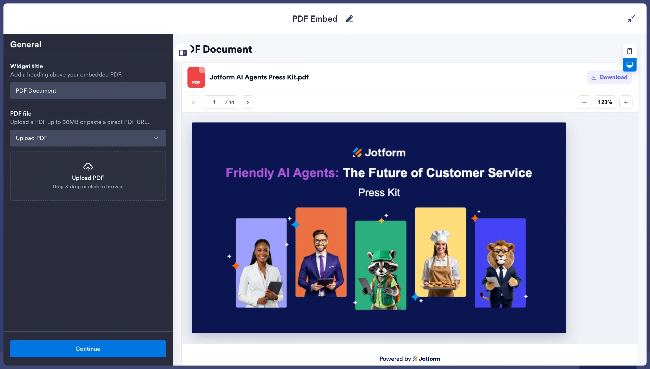 Jotform PDF Embed Widget with a PDF uploaded and previewed