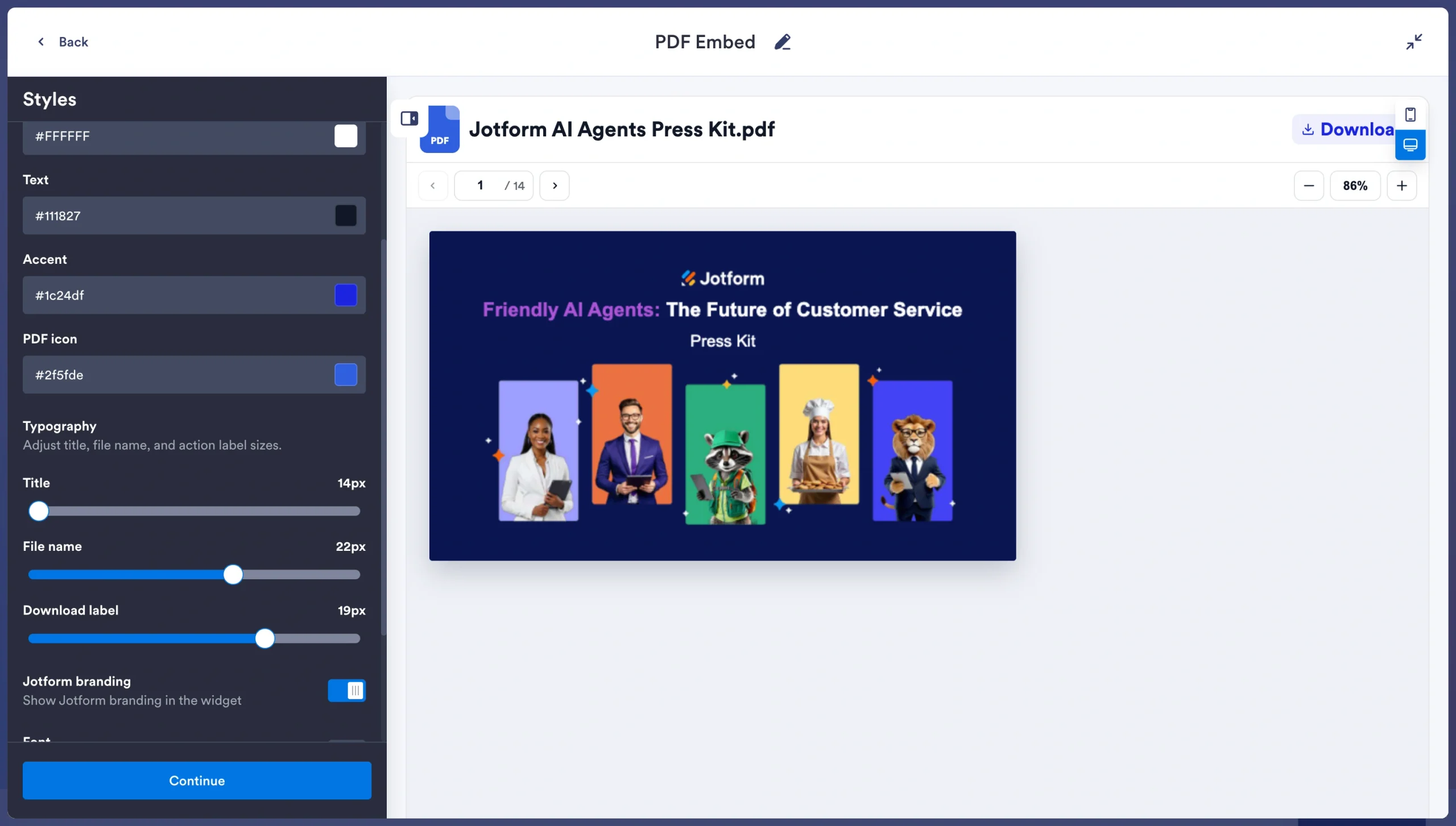 PDF Embed Widget Styles settings for customizing the viewer