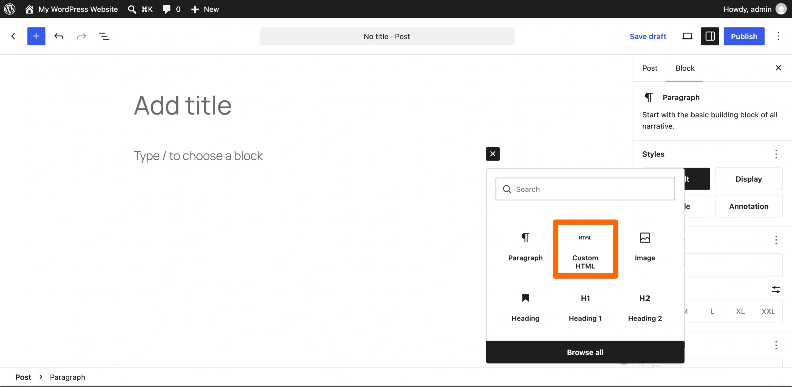 WordPress editor with the Custom HTML block selected