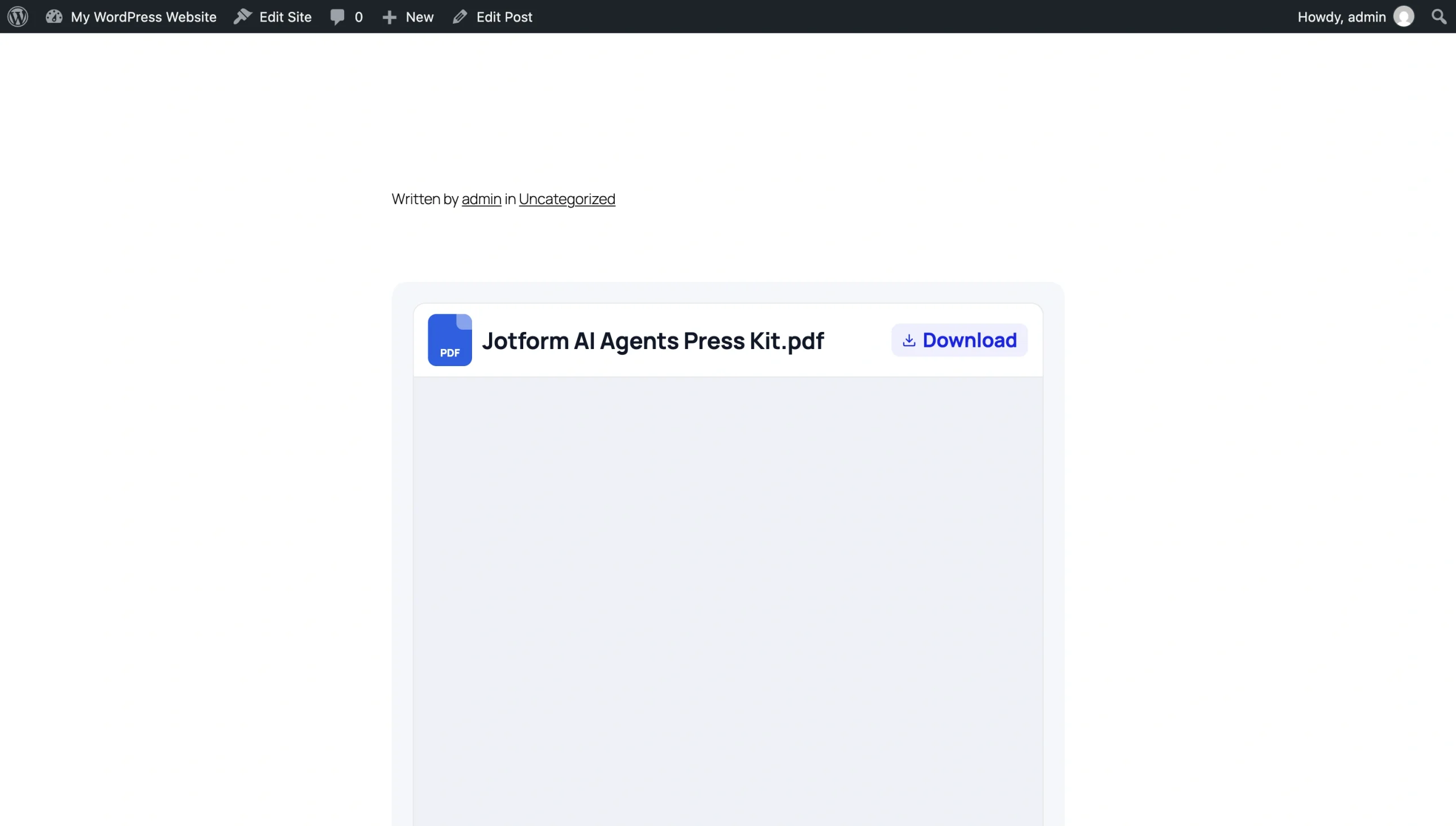Jotform PDF Embed Widget displayed on a WordPress page with a PDF preview and Download button