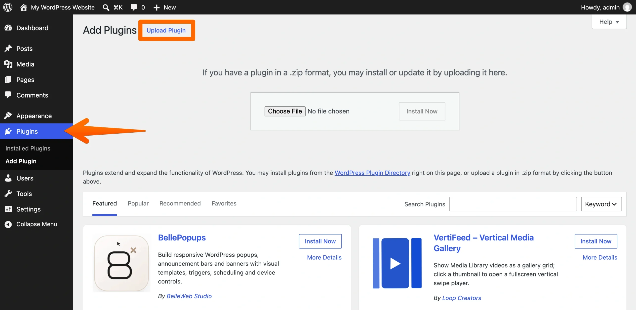 WordPress Add Plugins screen with Upload Plugin highlighted