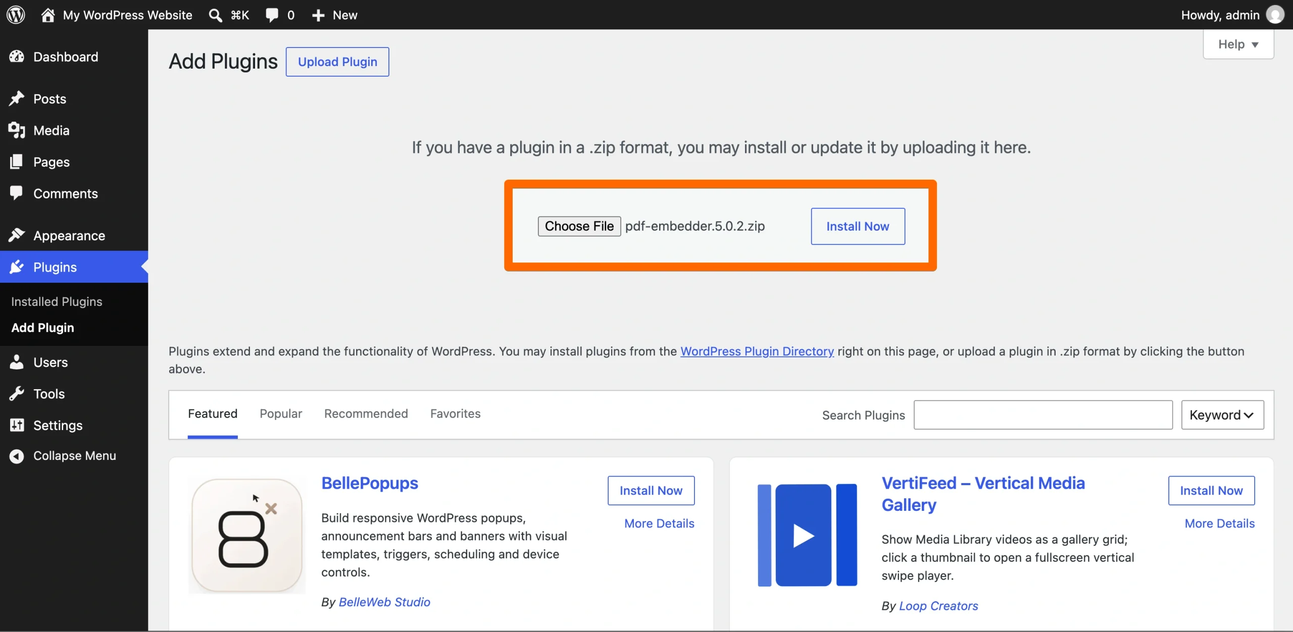 WordPress plug-in upload screen with Choose File and Install Now highlighted