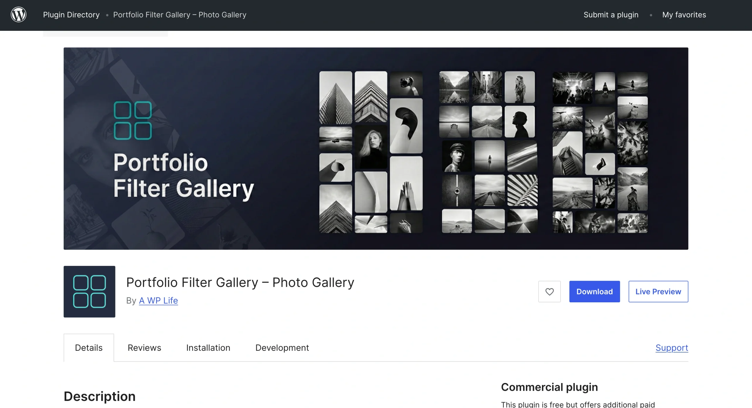 Screenshot of the Portfolio Filter Gallery WordPress plug-in page