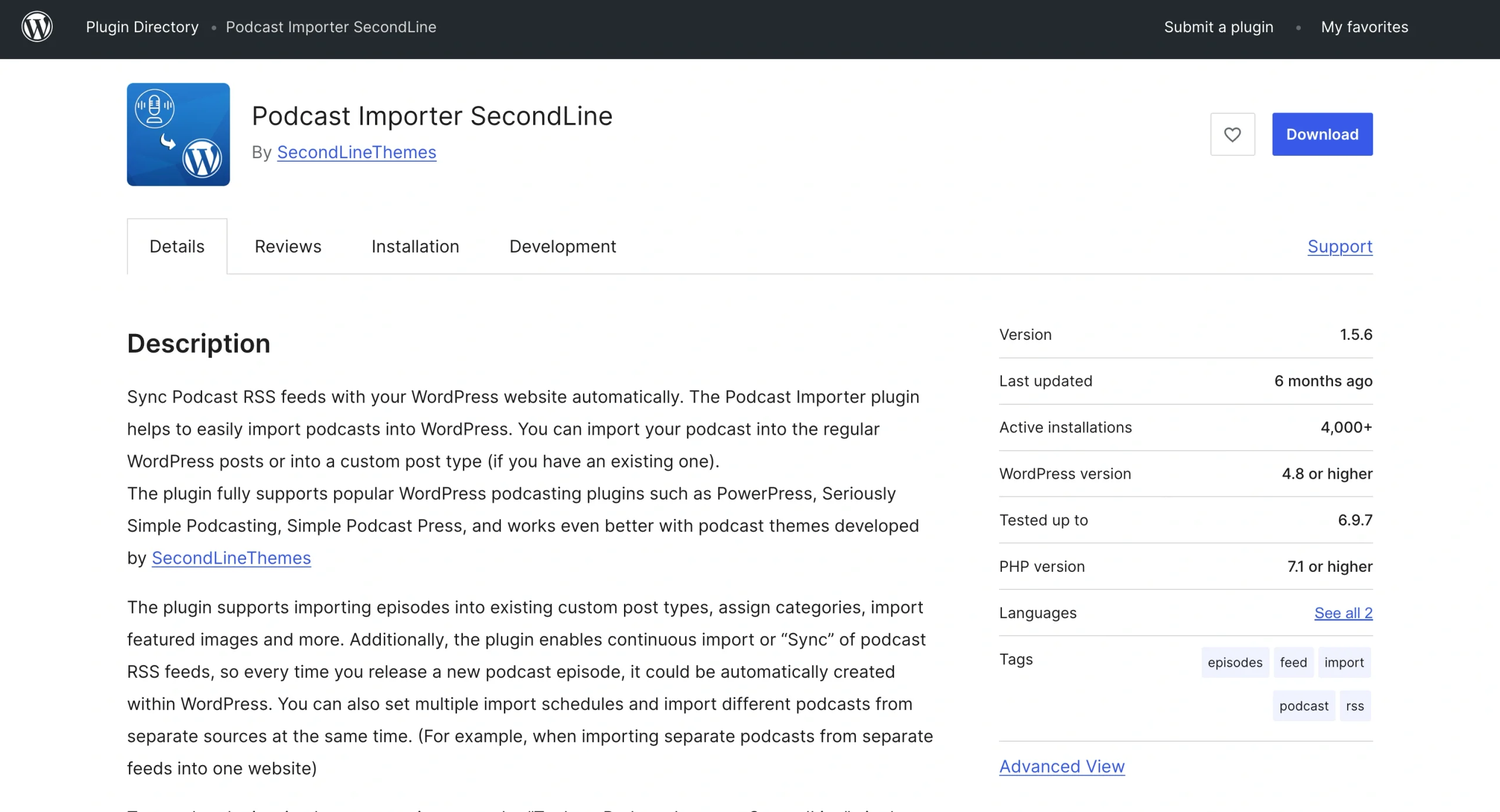 Podcast Importer SecondLine plug-in page showing its description, version, compatibility details, and supported tags
