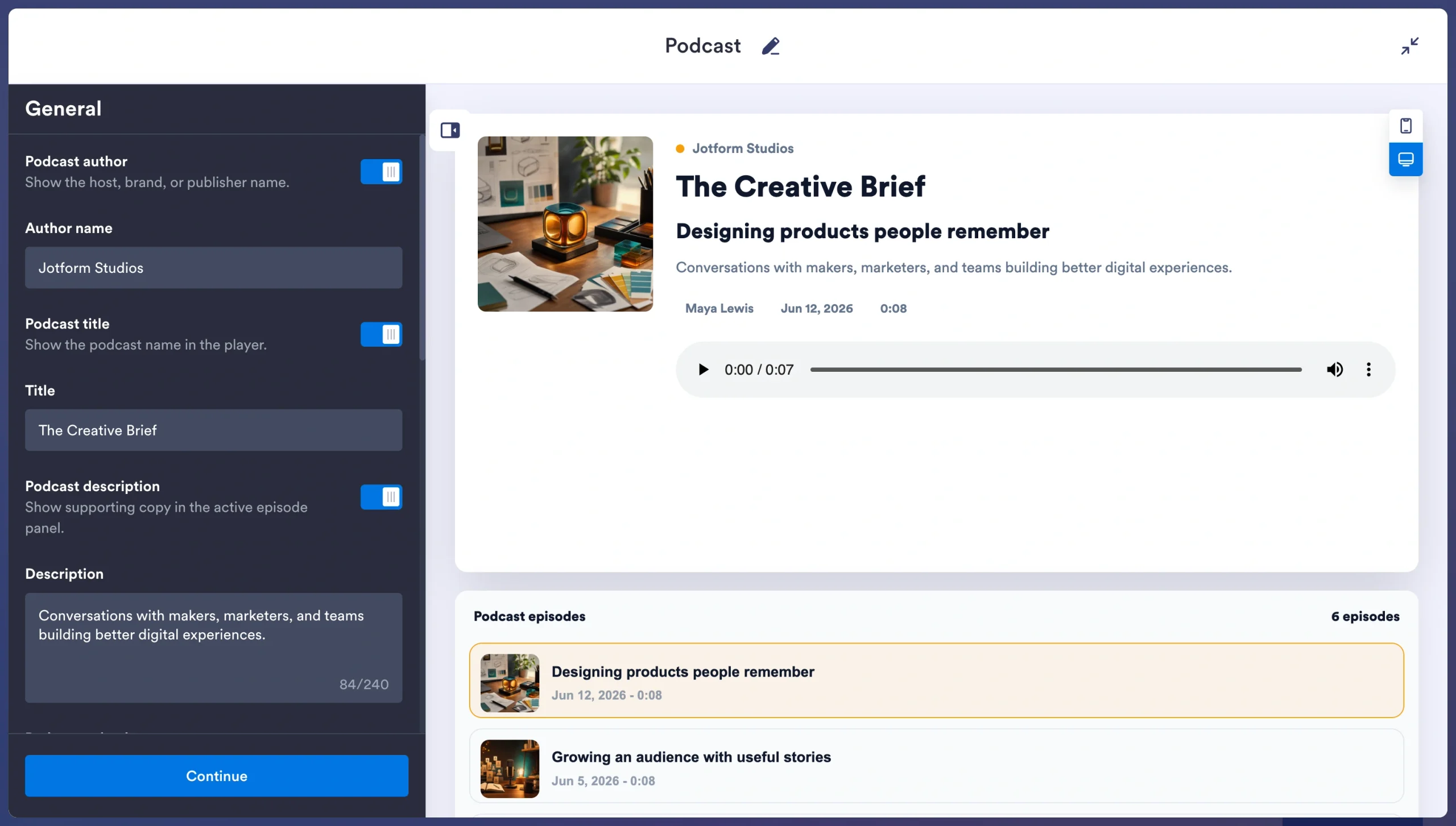 Jotform Podcast Player widget editor showing author, title, and description fields alongside an audio player and podcast episode list