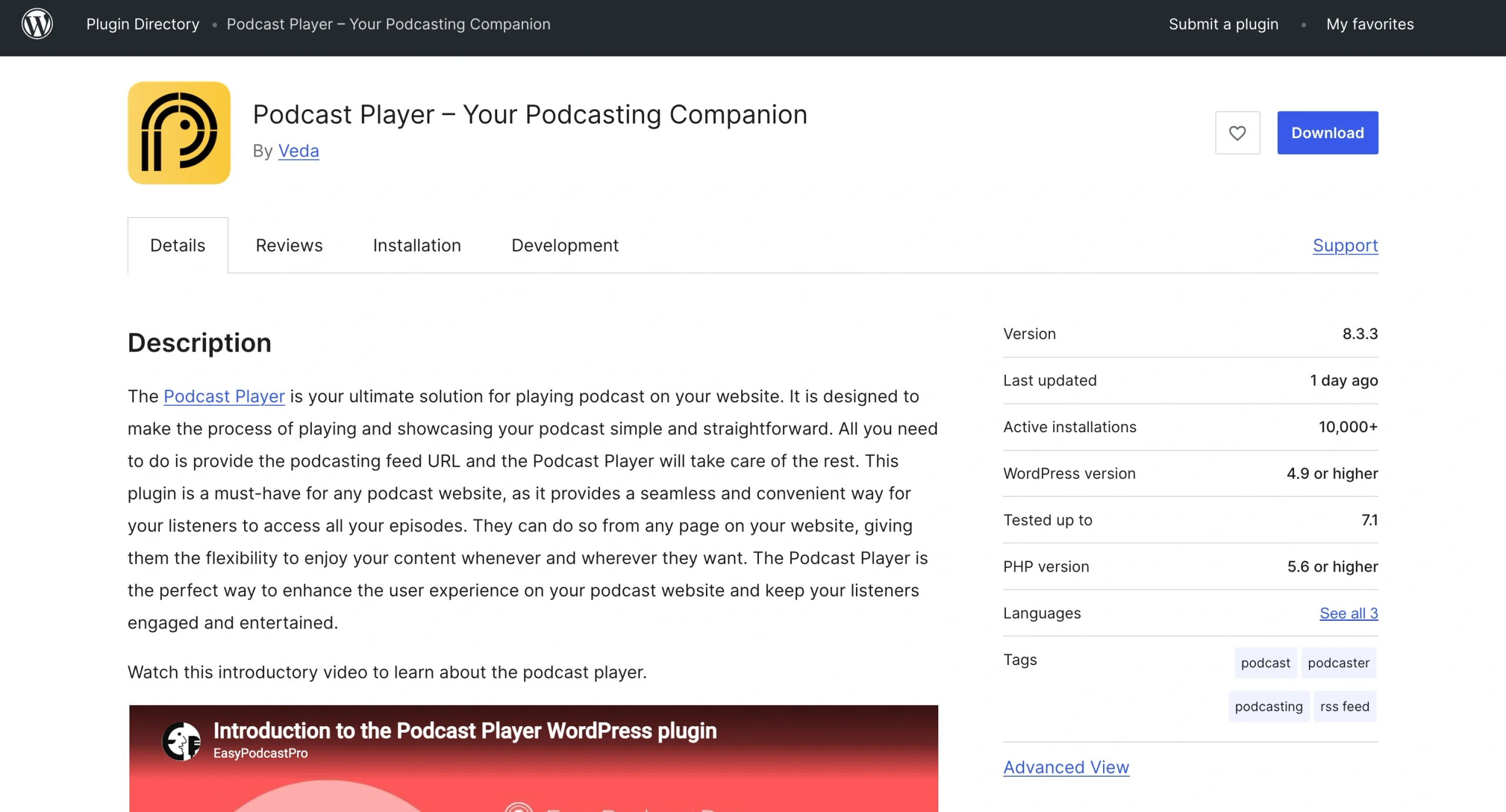 Podcast Player plug-in page showing its feature description, introductory video, version, and active installation count