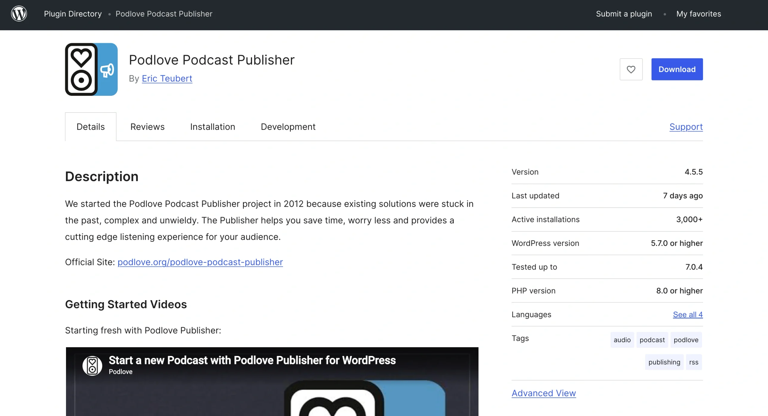 Podlove Podcast Publisher plug-in page showing its description, official website link, introductory video, and technical details