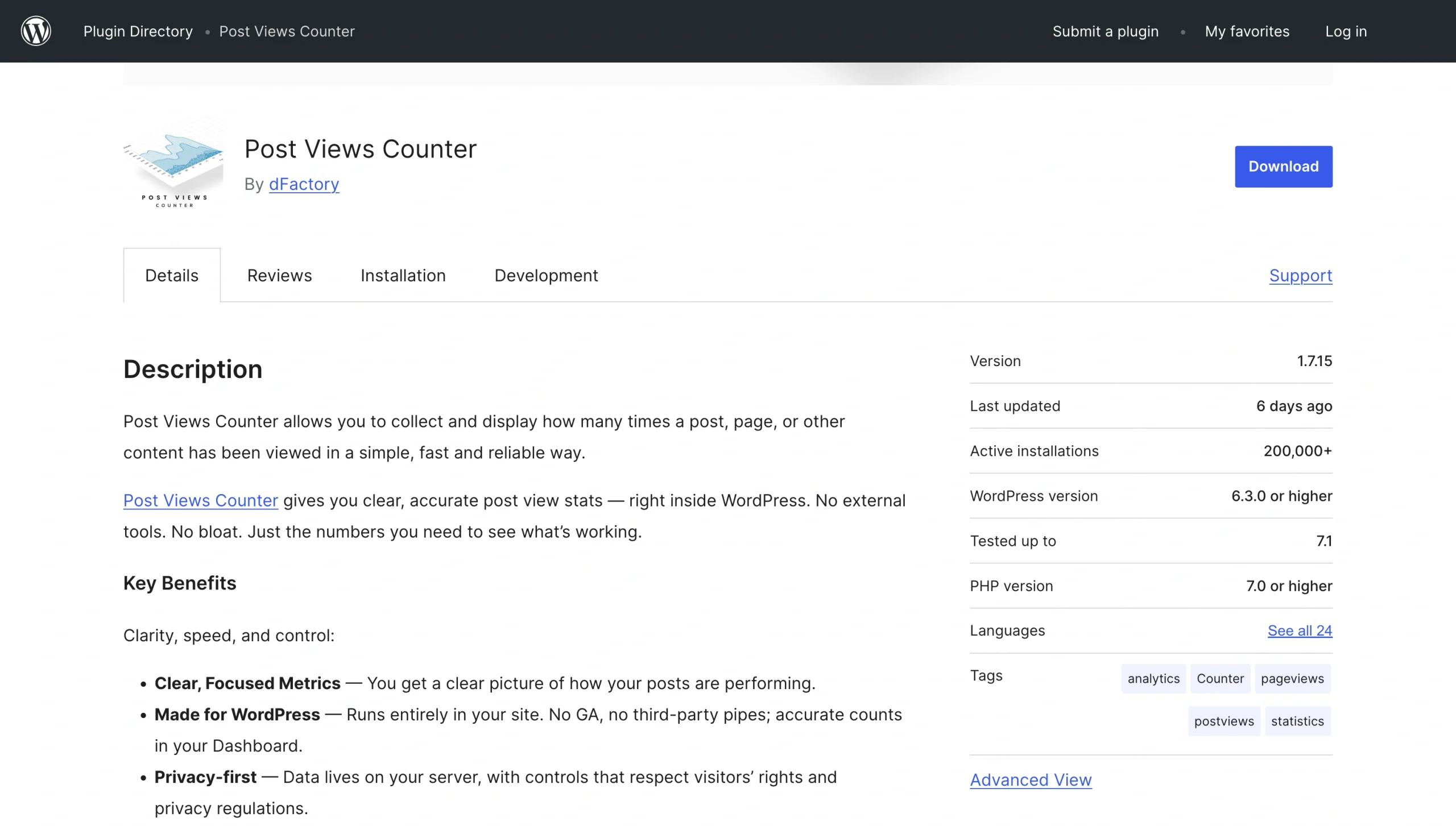 Post Views Counter WordPress plugin page with post view tracking features