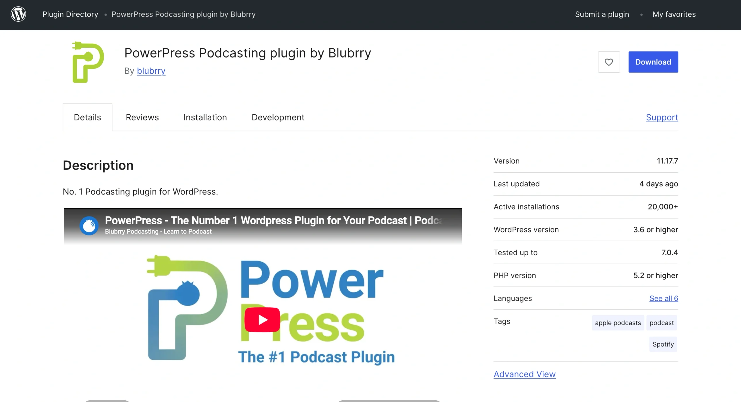 PowerPress Podcasting by Blubrry plug-in page showing its description, promotional video, version, and installation details