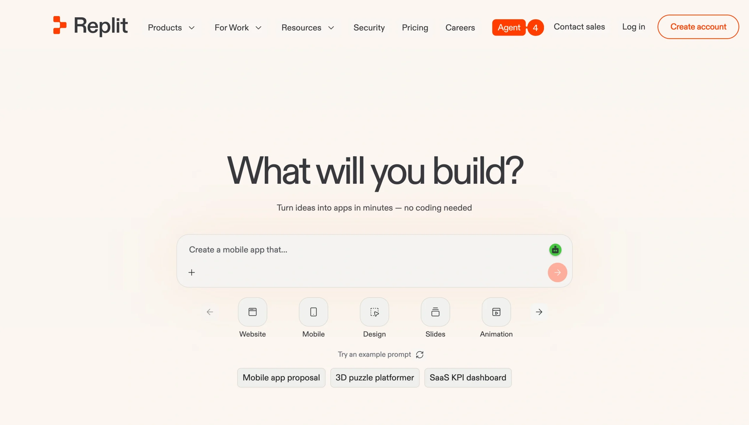 Screenshot of the Replit landing page, showing a headline "What will you build?"