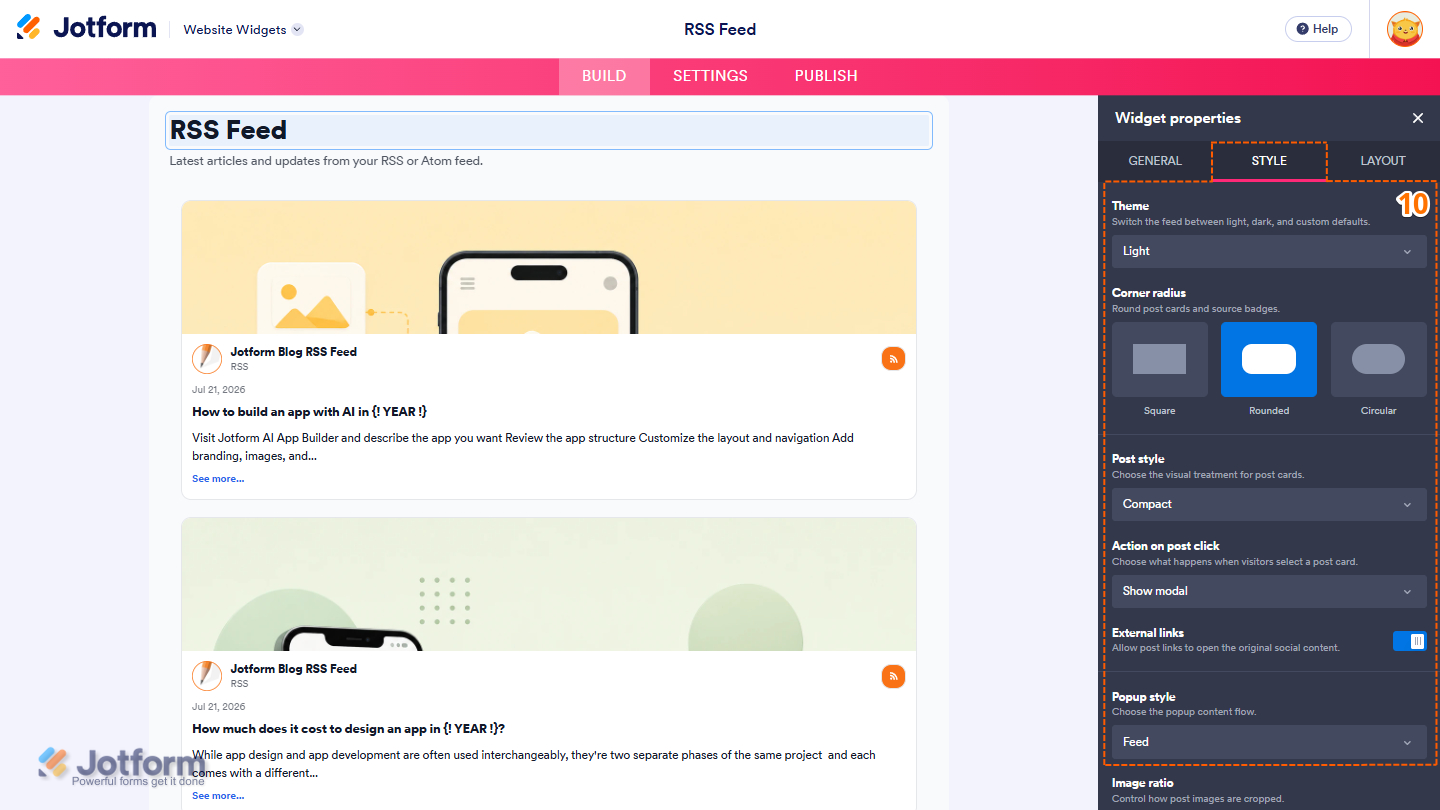Style tab of the RSS Feed Widget properties menu
