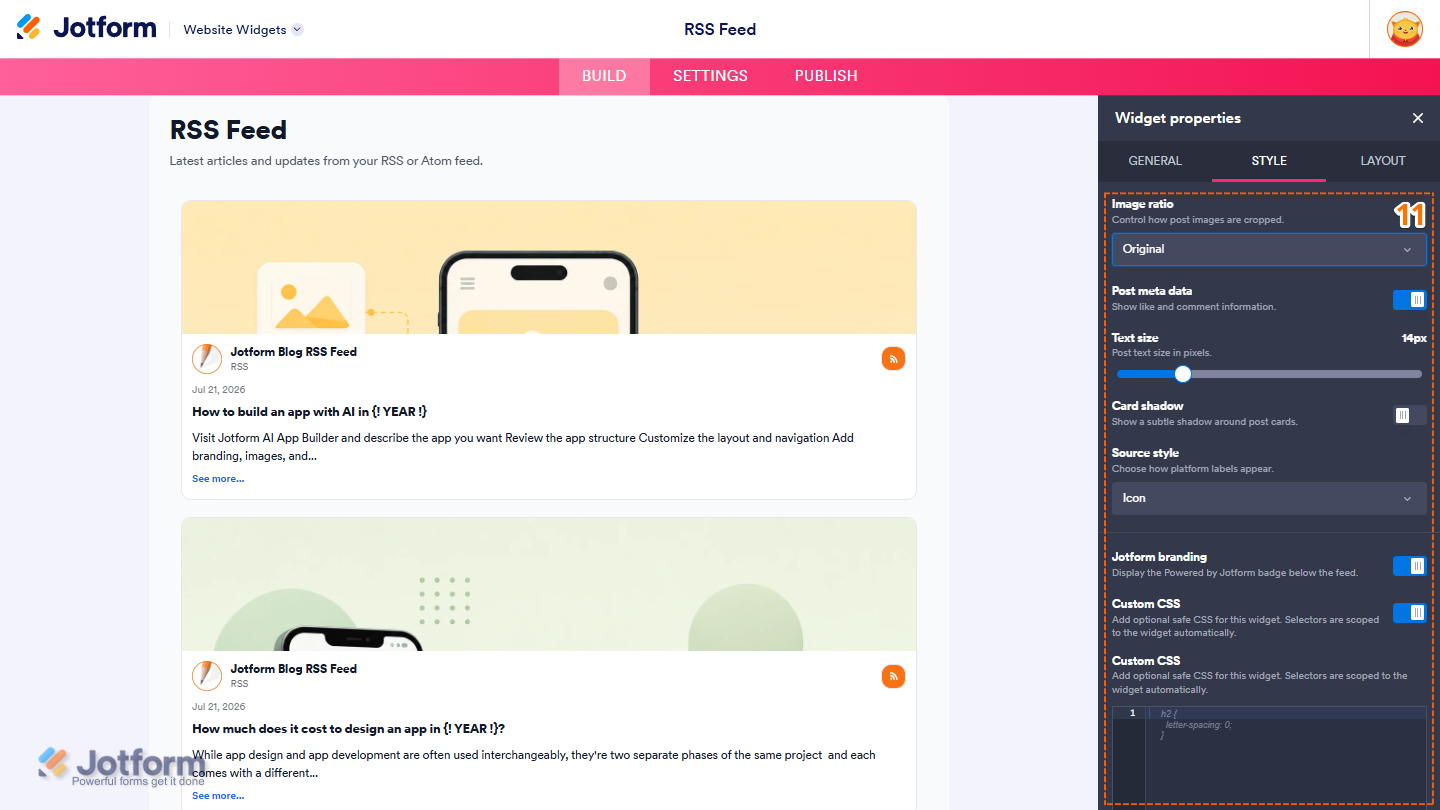 Style tab of the RSS Feed Widget properties menu