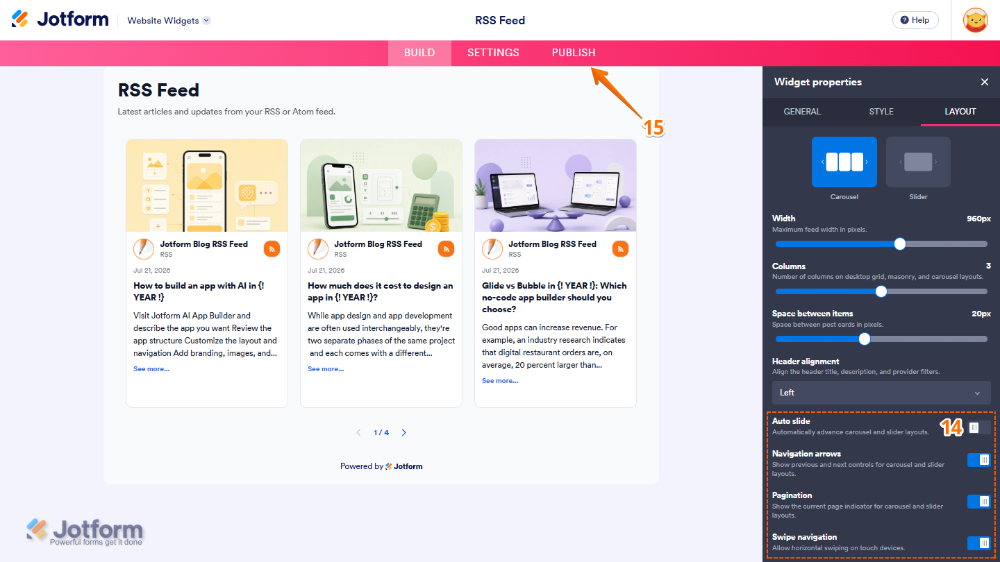 Layout tab of the RSS Feed Widget properties menu