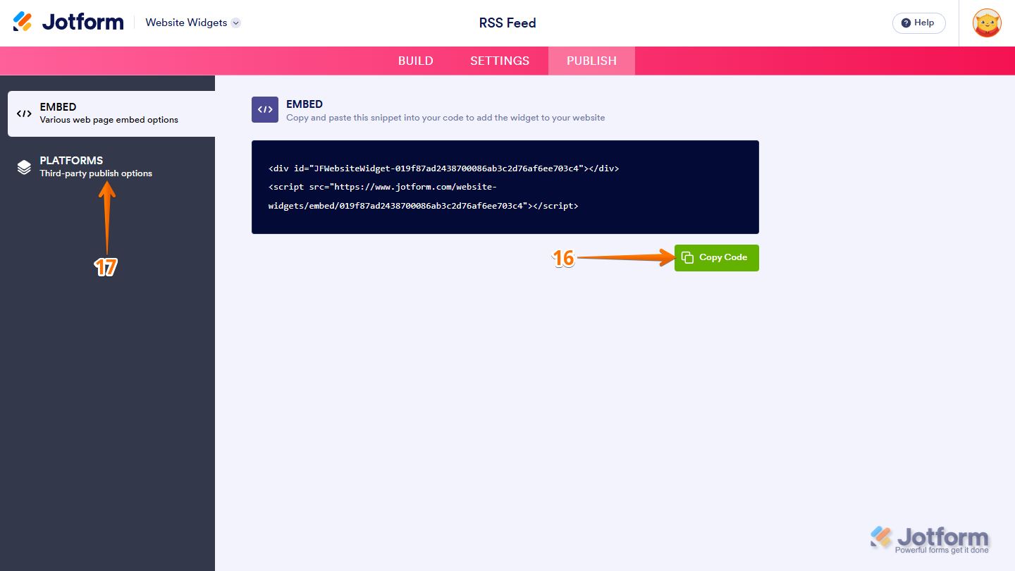 Copy Code button in the Publish tab of the Website Widgets Builder