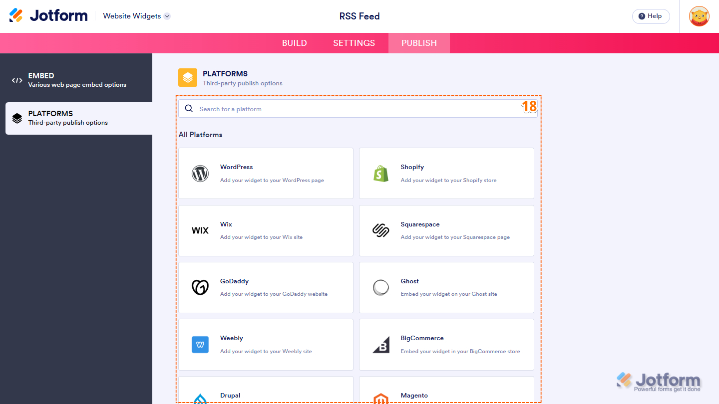 Platforms section of the Website Widget Builder