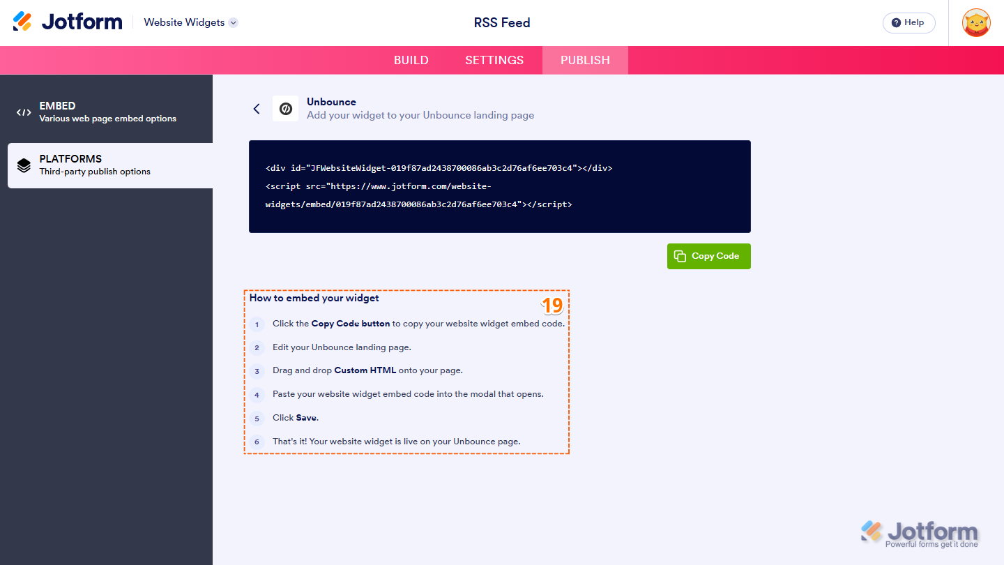 How to Embed Your Widget instruction in the Website Widget Builder