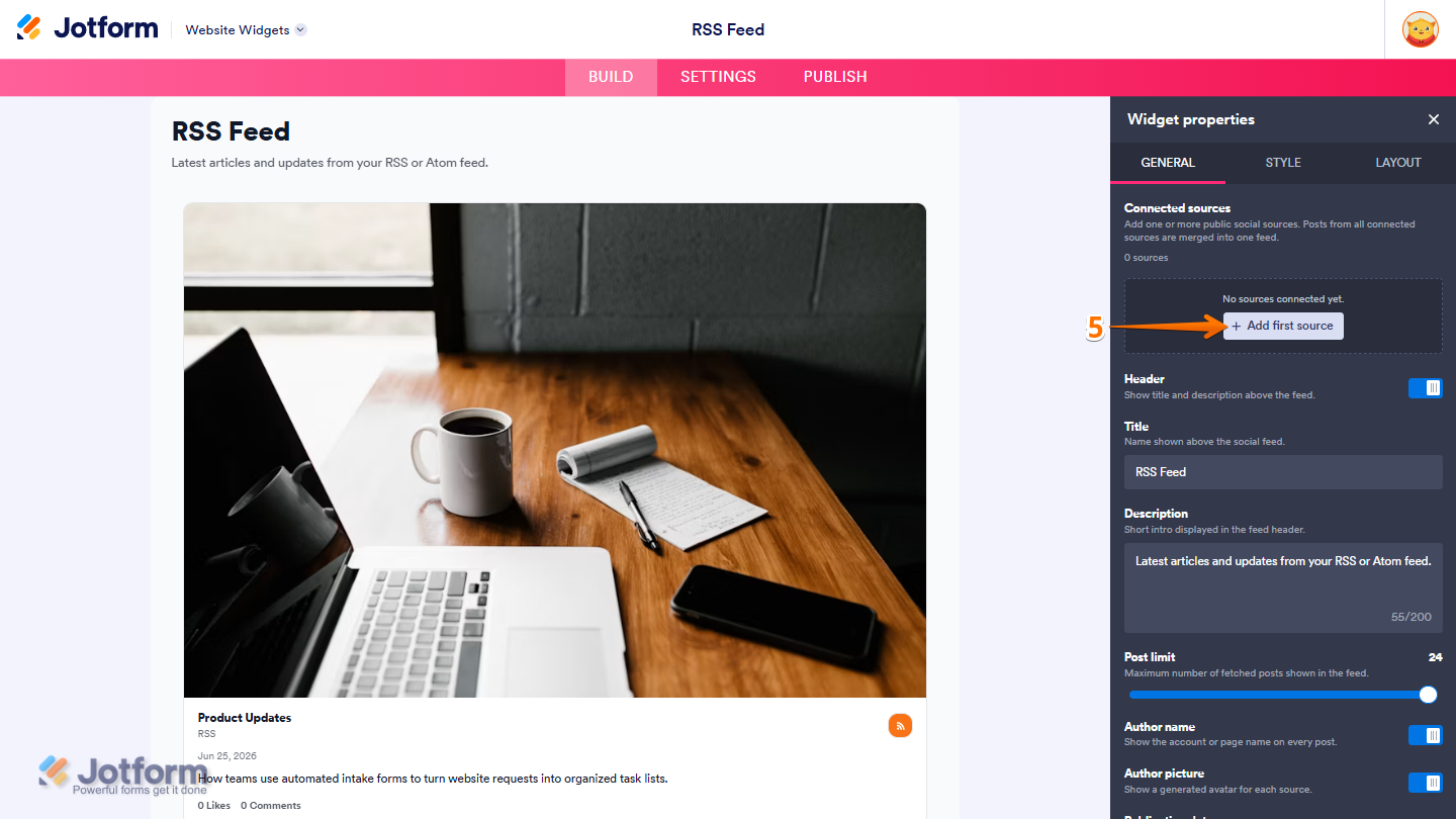 Add First Source button in the General tab of the RSS Feed Website Widget properties